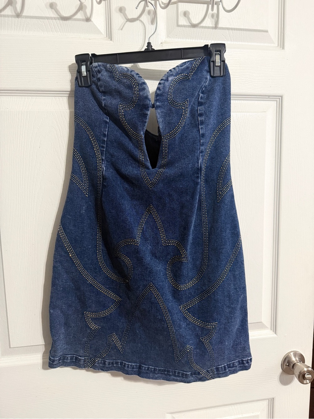 Strapless Dark Blue Denim Mini Dress with Decorative Stitching